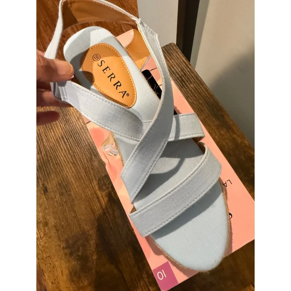 Serra Ladies Espadrille Wedge Sandals Light Blue Jute Heel Size 10 NEW